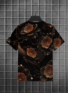 T-shirt à manches courtes pour homme, imprimé floral, coupe ajustée, col rond, vêtement décontracté, tissu en polyester tissé imprimé par sublimation - Product Image 2