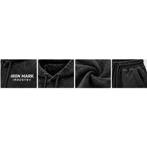 IRON MARK INDUSTRY Survêtement à capuche noir pour homme, couleur unie, en molleton délavé, coupe décontractée, doux et confortable - Product Image 6