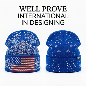 Bonnet ajustable personnalisé avec logo en strass, en tricot acrylique premium 300 GSM, bleu roi, pour l'hiver, style décontracté, motif diamant - Product Image 1