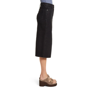 Jupe crayon midi en jean noir uni à fente centrale, taille haute, coupe droite ajustée, en coton extensible, pour le bureau, qualité supérieure - Product Image 3