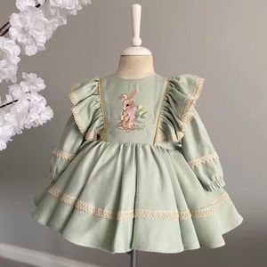 Robe de bal mini pour filles, tissée et brodée, motif lapin, manches chauve-souris, col Peter Pan, motif floral, été, écologique, respirante - Product Image 2
