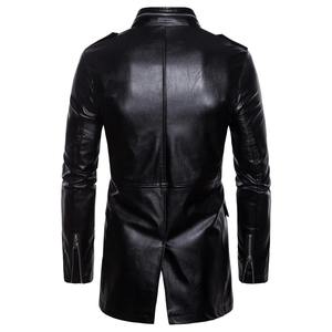 Veste en cuir longue et imperméable pour hommes avec col montant et quatre poches Manteau de moto de couleur unie En stock disponible - Product Image 4