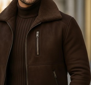 Veste aviateur en daim marron chocolat pour homme, doublée de fausse fourrure, bomber d'hiver - Product Image 2