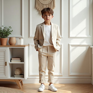 Ensemble de blazer décontracté beige pour garçons |   Costume décontracté élégant pour enfants en 2 pièces |   Tenue en coton et lin pour enfants |   Sur mesure - Product Image 1