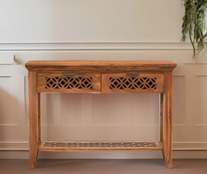Modern Carved Solid Wood Console <b>Table</b> with 2 Drawers |Geometric Lattice Wooden Entryway <b>Table</b> |B2B Wholesale India - Product Image 4