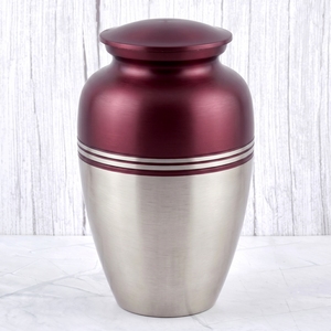 Burgundy and Silver <b>Striped</b> Brass Adult Cremation Urn with matte surface for Human Ashes, Funeral Memorial and Burial Urn - Product Image 1