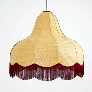 Lampe suspendue en forme de dôme en jute et lin faite à la main avec franges superposées en terre cuite, style bohème chic, vintage, lustre suspendu, vente en gros - Product Image 4