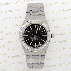 Testeur de diamant de qualité supérieure D VVS entièrement glacé Moissanite diamant cadran noir lunette cloutée montre en acier inoxydable - Product Image 1