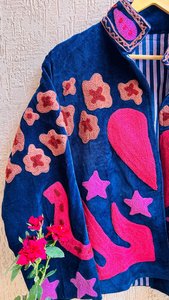 <b>Women</b>’s Deep Blue Embroidered <b>Velvet</b> Jacket – Pink Heart & Star Motif Open Front Short <b>Coat</b> - Product Image 4