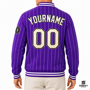SINEWY SPORTS <b>Purple</b> Pinstripe Front Team Patch <b>Varsity</b> <b>Jacket</b> Men's Custom Name Number Baseball Style Autumn Wear 100% Cotton - Product Image 5