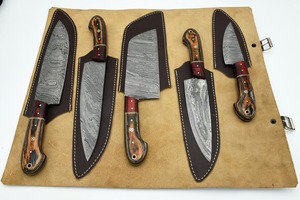Damascus Steel Kitchen <b>Knife</b> <b>Set</b> 5-Piece Wooden Handle Hand Forged Chef <b>Knives</b> Traditional Style - Product Image 5