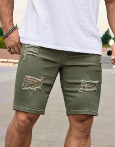 <b>Men's</b> Olive <b>Green</b> Ripped Denim <b>Shorts</b> Mid Waist Casual Summer Jean <b>Shorts</b> - Product Image 4