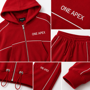 ONE APEX Red Full Zip <b>Hoodie</b> Tracksuit Women's Regular French Terry Cotton Wide Leg Sweat Set Contrast Piping Streetwear Quick - Product Image 4