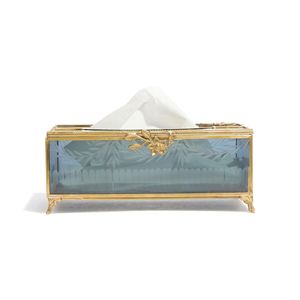 Luxury Blue Glass Tissue <b>Box</b> Holder Decorative <b>Vanity</b> Tissue Case Gold Metal Frame Home Office Hotel Tabletop Organizer Decor - Product Image 1