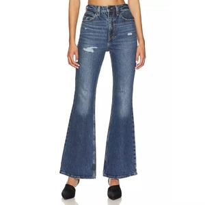 Jean en denim taille haute à jambe large, déchiré, délavé clair, en coton, couleur unie, léger, style sport, pour l'automne - Product Image 1