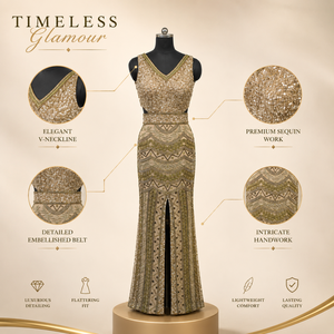 Luxury Gold <b>Sequin</b> Evening Gown for Women Elegant V Neck Formal Maxi Dress High Slit Party Wear Cocktail Prom Wedding Guest - Product Image 5