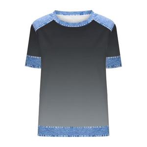 Women's Regular Fit Summer Fashion Contrast Trim Denim <b>Patchwork</b> Short Sleeve Waffle Knit <b>Tops</b> Tee Soft Stretch Casual T Shirt - Product Image 3