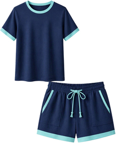 Conjunto de 2 Piezas para Mujer, Color Azul Marino, Camiseta de Manga Corta con Cuello Redondo y Ribete Azul Claro, Corte Holgado, Estilo Casual para Primavera/Verano - Product Image 1