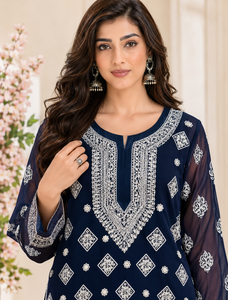 Best Selling Navy Blue Georgette <b>Chikankari</b> Embroidered Straight Kurti for Women Traditional Lucknowi Ethnic Wear Wholesale - Product Image 3