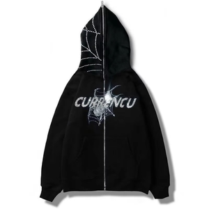 Sweat à capuche zippé intégral en tricot pour homme, 100 % coton épais, avec strass, logo personnalisé, sans cordon, coupe classique, motif tête de mort en strass - Product Image 1