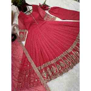 DESIGNER GEORGETTE IMPRESSION NUMÉRIQUE BRODERIE SÉQUENCE TRAVAIL ROBE BAS AVEC DUPATTA ROSE - Product Image 3