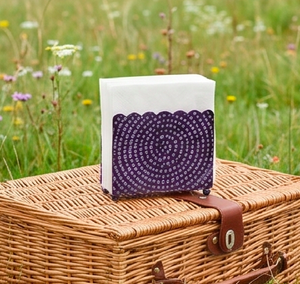 Porta pañuelos morado con borde festoneado, diseño moderno con patrón de puntos y patas redondas, soporte decorativo independiente para el hogar - Product Image 4