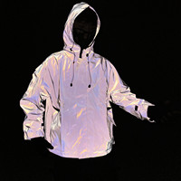 Jaket Windbreaker Pria Berkerudung Reflektif Warna Gradasi Lapisan PU Streetwear Ritsleting Ringan untuk Musim Gugur