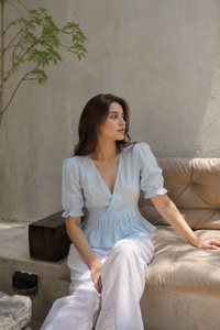 Bulk Custom Women's Solid Bohemian Cotton <b>Linen</b> Two-Piece Set V-Neck Puff Sleeves Peplum <b>Top</b> Wide-Leg Trousers Casual Summer - Product Image 3