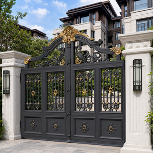 Puerta de Entrada Doble de Hierro Forjado Gris Dorado de Lujo para Villa, con Adornos Decorativos y Paneles de Rejilla Metálica - Product Image 3