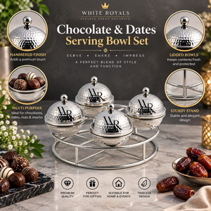 Elegante Juego de Tazones para Servir de Acero Inoxidable Martillado, 4 Piezas con Tapas y Soporte |   Dátiles, Chocolates, Nueces, Frutos Secos, Bocadillos, Dulces, Regalo - Product Image 5