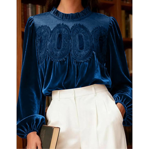 Blouse ample personnalisée pour femme en velours opulent à manches longues, avec encolure en dentelle guipure vintage et complexe, et col rond orné - Product Image 2