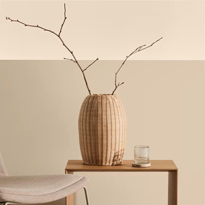 Handcrafted Rattan Ribbed Vase Natural Woven Decorative Planter <b>Basket</b> <b>For</b> Flowers <b>Plants</b> Living Room Tabletop Home Decor - Product Image 1