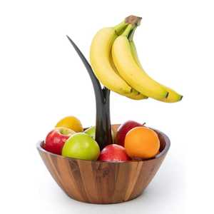 Bol à fruits en bois d'acacia de qualité supérieure avec crochet en métal noir pour suspendre des bananes, saladier en bois naturel moderne, organisateur de table - Product Image 1