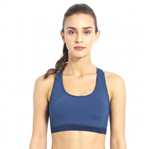 Women Solid Blue Racerback Sports Bra Scoop Neck Medium Support Yoga Fitness <b>Top</b> Breathable <b>Mesh</b> Seamless Design - Product Image 1