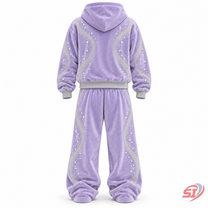 Ice Lavender Dream Custom 100% Cotton Velour <b>Velvet</b> Unisex <b>Tracksuit</b> 280 GSM Rhinestone Crystal Hoodie Pants OEM Streetwear - Product Image 2