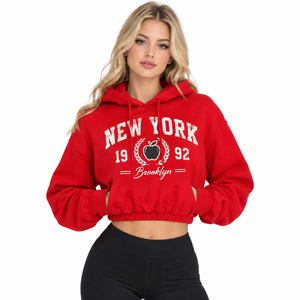 Sweat à capuche court imprimé pour femme, pull décontracté à manches longues en molleton de coton pour l'hiver - Product Image 1