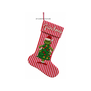 Chaussette de Noël personnalisée en perles, motif Grinchmas rayé rouge et blanc, décoration festive pour sapin de Noël, faite à la main - Product Image 1