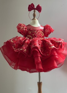92 Girls Red Princess Party Dress Floral Gold Pattern Puff Sleeves Layered Ruffle Tulle Skirt for Birthday and Festive Wear - Product Image 2