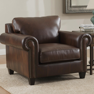 Sillón Individual Clásico de Cuero Genuino, Sofá Tapizado con Brazos Enrollados y Detalles de Tachuelas, Asiento de Cuero Auténtico - Product Image 1