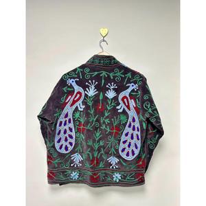 Chaqueta de terciopelo marrón de lujo con bordado de pavo real azul cielo, estilo bohemio, para mujer, manga larga, ropa de abrigo de verano. - Product Image 5
