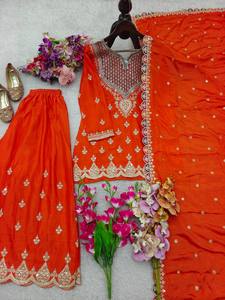 Ensemble Salwar en Rayonne Brodé Orange avec Dupatta, Coupe Ample, Tenue Traditionnelle Indienne et Pakistanaise pour Femme, Longueur au Sol, Toutes Saisons - Product Image 3