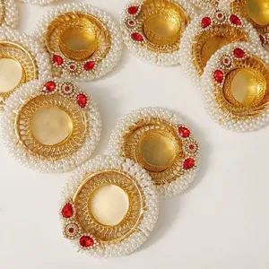 Handmade Round <b>Tea</b> <b>Light</b> Holder with Pearls and Red Crystals for Wedding Christmas & Easter Home Decoration-Luxury Design - Product Image 2