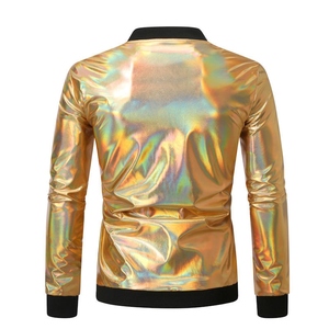 Wholesale Breathable Windproof Canvas Bomber <b>Jacket</b> Men Casual Stand Collar Zipper Shiny Rainbow Front Glitter Print Autumn - Product Image 4