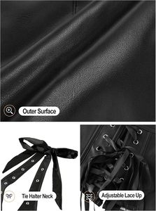 Corsé de látex negro para mujer con cordones frontales, cuello halter, faja moldeadora de cintura y bustier con remaches - Product Image 6