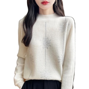 Diamant 100% pull en laine mérinos 2024 nouvelle mode féminine automne/hiver sweat à capuche chaud élégant demi col haut pull tricoté haut - Product Image 5