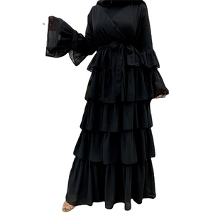<b>Black</b> Tiered Maxi Chiffon <b>Dress</b> Long Sleeves Women Surplice Neck Ruffles Long <b>Dress</b> Abaya Dubai Turk Muslim Islam Modesty <b>Black</b> - Product Image 1