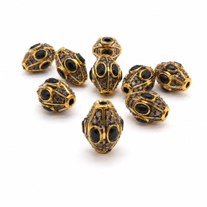 Perles Dholak en laiton émaillé or, ovales, avec pierre noire, pour la fabrication de bijoux, accessoires de bricolage, apprêts de bijouterie - Product Image 1