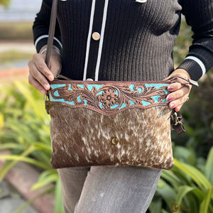Bolso de compras bohemio con forma de cruz de cuero de vaca real para mujer, cierre de cremallera turquesa, ligero, superventas - Product Image 1