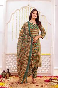 Ensemble Kurta en coton Mal à imprimé floral traditionnel – Broderie artisanale avec pantalon et dupatta assortis - Product Image 4