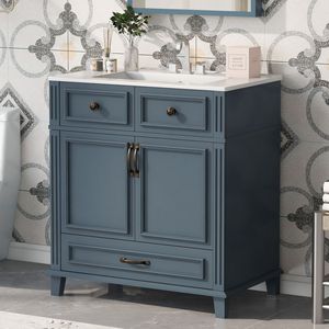 Meuble-lavabo de salle de bain de style rétro de 30 pouces avec portes à fermeture douce, cadre en bois massif et lavabo en céramique, armoire de rangement bleue - Product Image 1